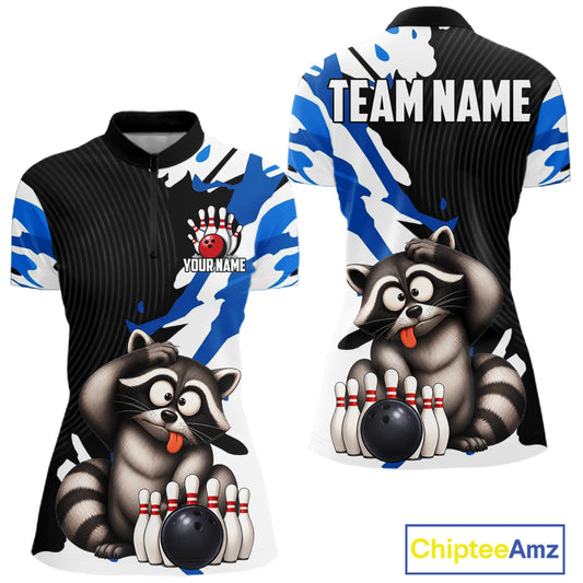 Bowling jersey with raccoon design and customizable text on a white background