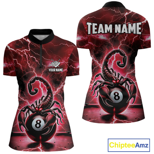 Red Lightning Thunder Scorpion 8 Ball Pool Polo & Quarter Zip For Women Custom Billiard Team Jersey TDM4863