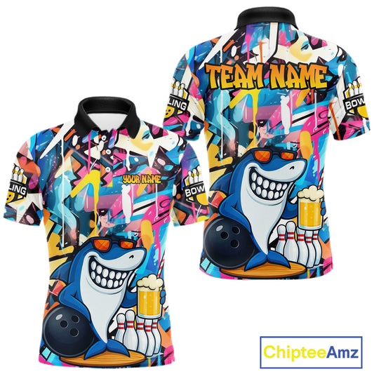Funny Shark Colorful Graffiti Bowling Shirts For Men, Best Bowling Team Jersey Polo & 1/4 Zip TDM6208