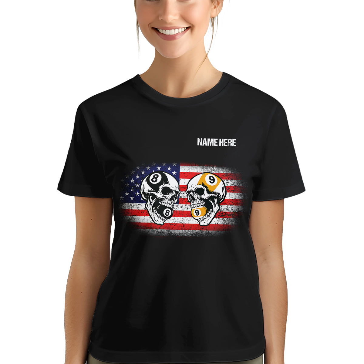 Funny Skull Billiard 8 Ball & 9 Ball Pool T-Shirts Custom Grunge American Flag Billiard Shirts TDM3932