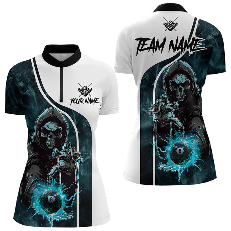 Blue Cyan Grim Reaper 3D Billiard Shirts For Women Custom Lightning 8 Ball Pool Billiard Jerseys TDM3347