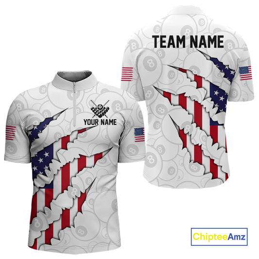 Personalized American Flag 8 Ball Polo & Quarter Zip Shirt For Men, Patriotic Pool Team Jersey TDM4551