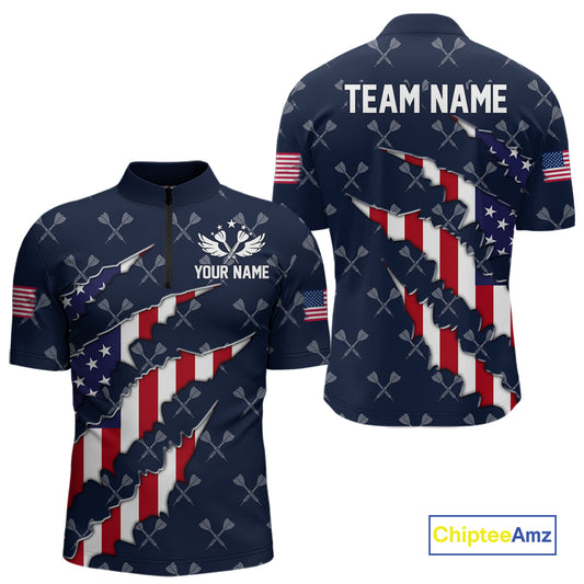 Personalized American Flag Navy Dart Pattern Polo & Quarter Zip For Men, Patriotic Darts Jersey TDM4996