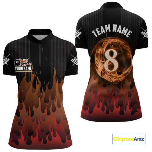 Red And Orange Flaming 8 Ball Pool Women Billiard Polo & 1/4 Zip Custom Pool Team Player Jersey TDM4185