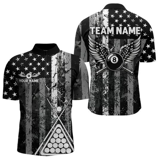 Black White 8 Ball Wings Grunge US Flag Patriotic Billiard Shirts For Men Custom Billiard Jerseys TDM3572