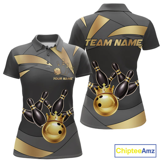 Black And Gold Bowling Shirt For Women Custom Crown Bowling Jersey, Bowling League Polo & 1/4 Zip TDM6379