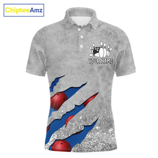 Blue grunge scratch bowling team polo shirt for men with custom league and tournament graphics.