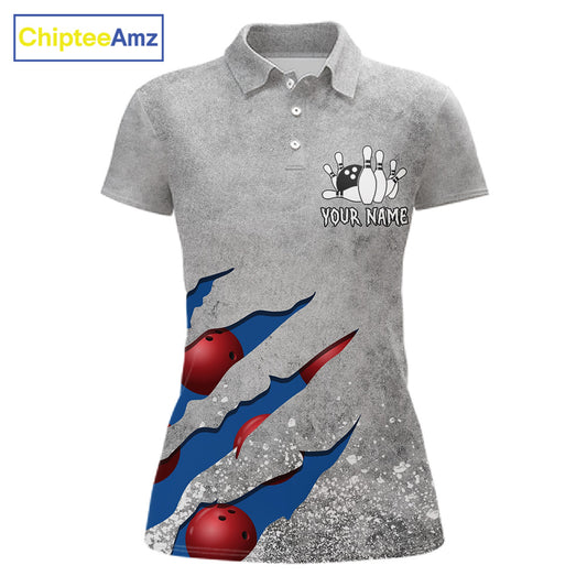 Blue grunge scratch bowling team polo shirt for women with custom league and tournament graphics.