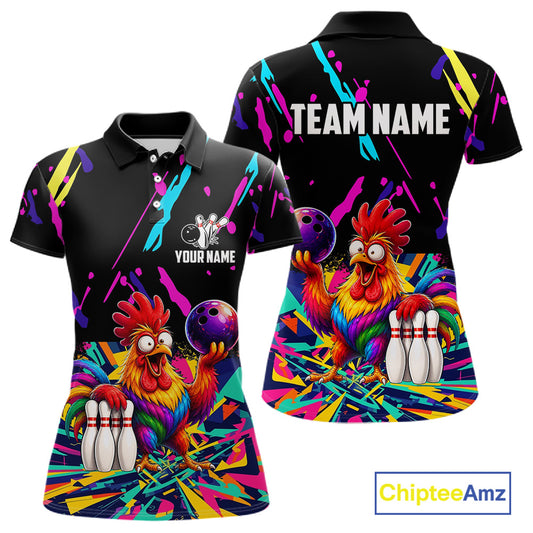 Colorful bowling polo shirt with chicken design and customizable your name & team name