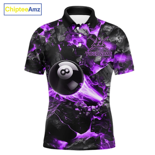 Personalized Purple 8 Ball 9 Ball Fire Billiard Polo Shirt Featuring Vibrant Flame Artwork for Pool League Players, Team Competition, and Tournament Events