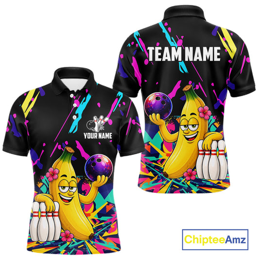Colorful polo shirt with a cartoon banana bowling design with customizable your name and team name