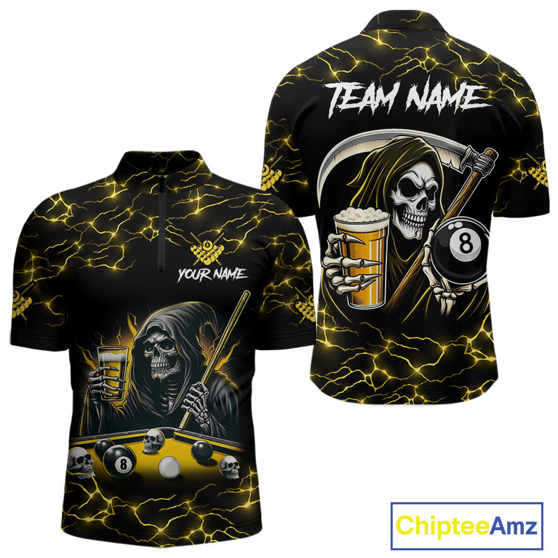 Yellow Funny Grim Reaper & Beer Billiard Shirts For Men Custom 8 Ball Lightning Billiard Jerseys TDM2939
