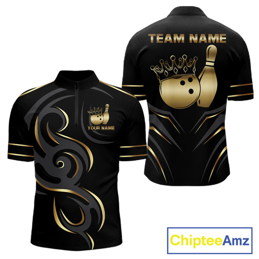 Black and gold crown bowling ball quarter zip shirt for men designed for league tournaments and team events.