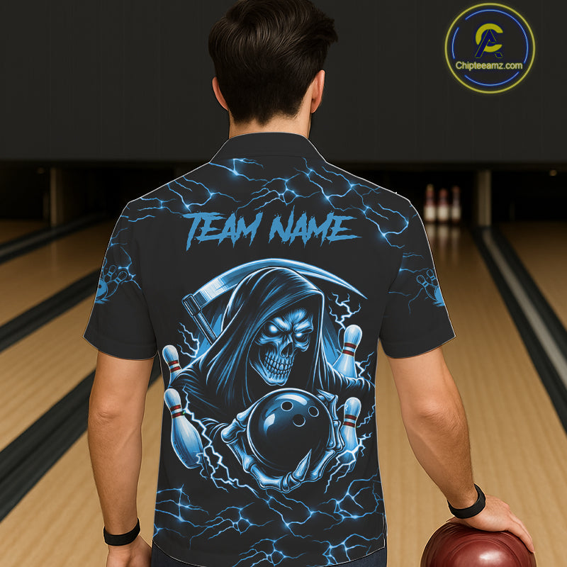 Blue Grim Reaper Lightning Hawaiian Bowling Shirt For Men Women, Skull Bowling Team Jersey TDM5953