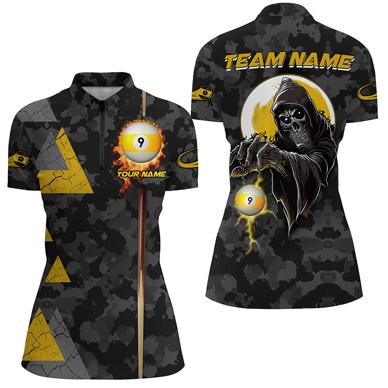 Funny Grim Reaper Ball 9 Fire Custom Camo Women Billiard Shirts, Best 9 Ball Pool Jerseys TDM2071