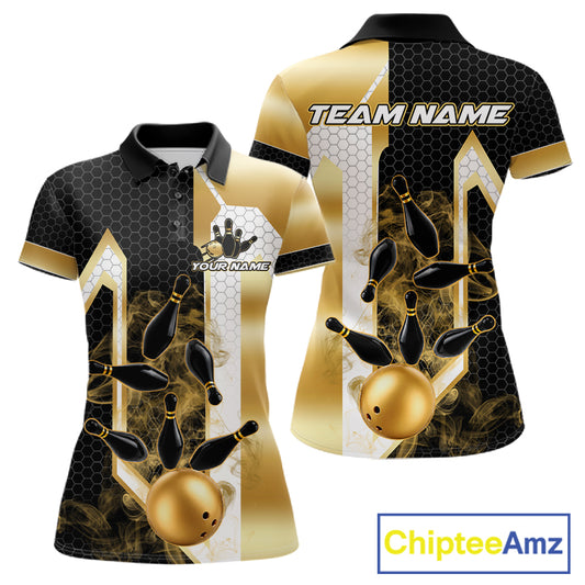 Black and gold smoke bowling pin bowling team polo shirt for women with custom league and tournament graphics.
