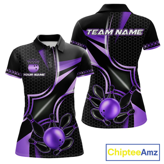 Black and purple bowling team polo shirt for women with custom league and tournament graphics.