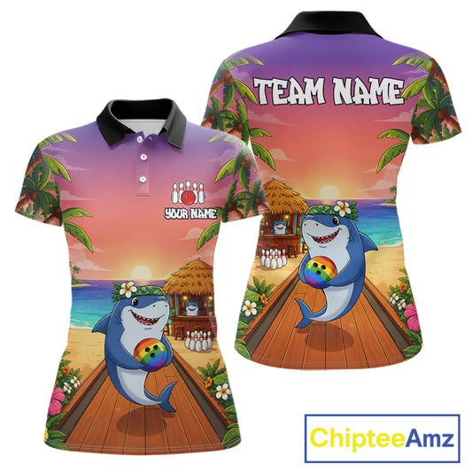 Funny Shark Sunset Tropical Bowling Shirts For Women Custom Bowling Polo & 1/4 Zip, Bowling Gifts TDM6472
