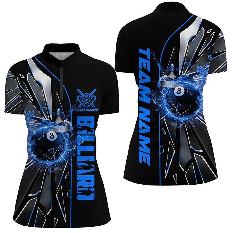 Personalized Blue Glass Crack 8 Ball Billiard Women Polo & Quarter-Zip Shirts, 8 Ball Pool Jerseys TDM1735