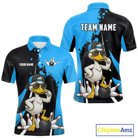 Custom Black And Blue Funny Duck Bowling Shirts For Men, Bowling Team Jersey Polo & 1/4 Zip TDM6292