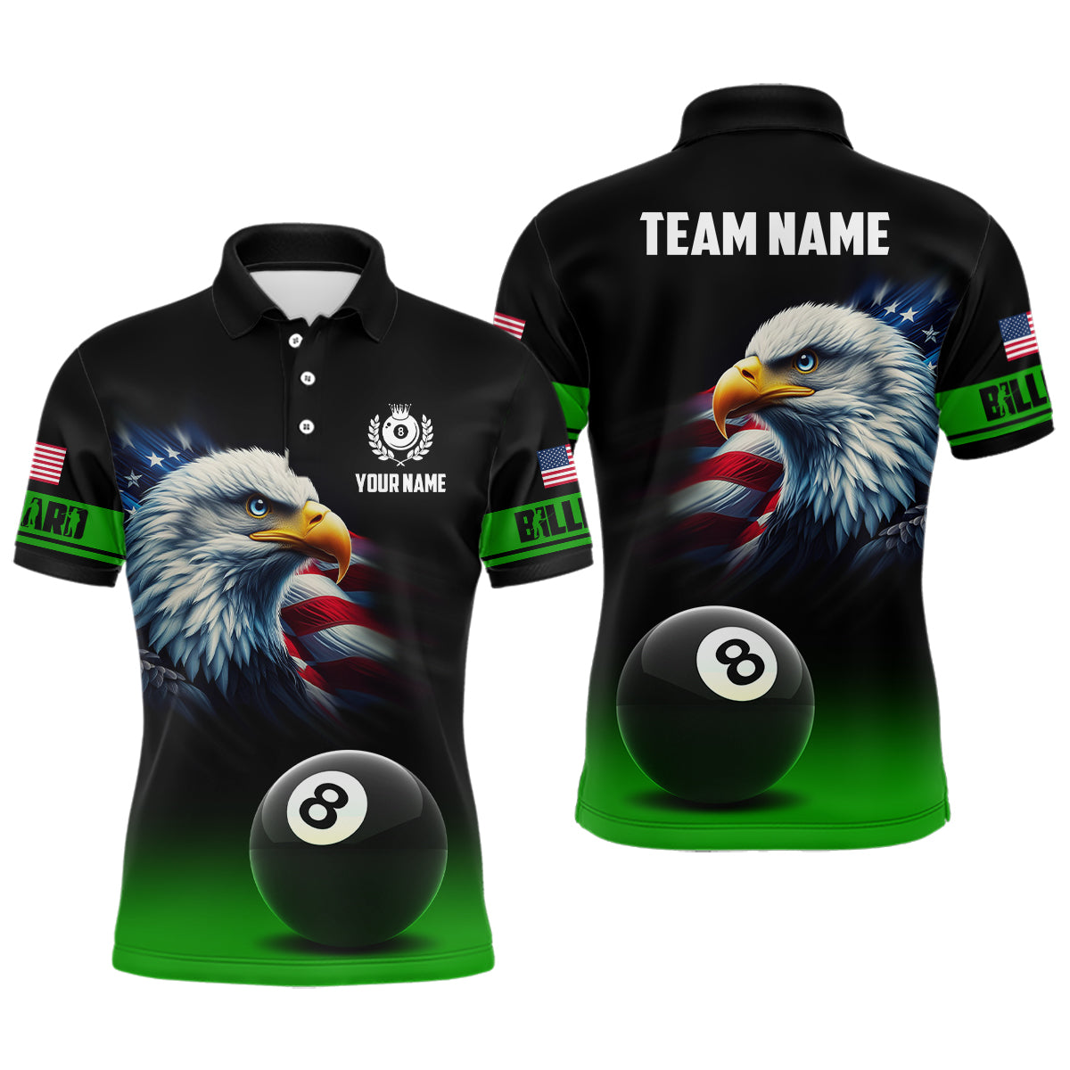 Personalized Black Green Billiard American Flag Eagle Men Polo Shirts, 3D 8 Ball Pool Team Shirts TDM1096