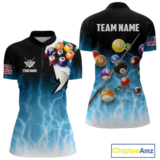 Blue Billiard Jersey For Women Custom Thunder Lightning 3D Pool Balls Team Jersey Polo & 1/4 Zip TDM4561