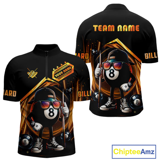 Orange Funny 8 Ball Billiard Shirt For Men Custom Pool Team Shirt, Billiard Jersey Polo & 1/4 Zip TDM5206