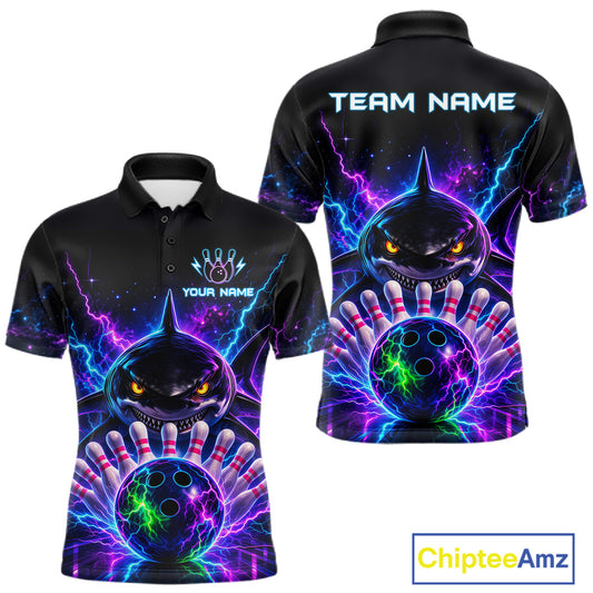 Neon Funny Shark Bowling Jersey Polo & 1/4 Zip For Men Custom Bowling Team Jersey, Bowling Uniform TDM6360