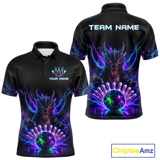 Neon dragon bowling polo shirt for men with custom bowling team graphics.