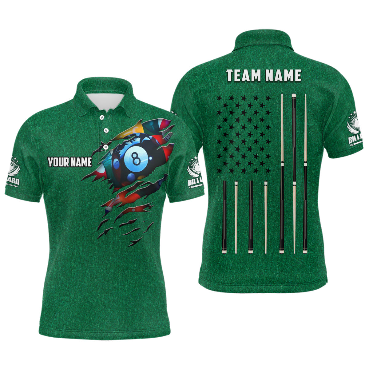Customized Billiard Green American Flag Polo Shirts For Men, Custom 8 Ball Unique Billiard Shirts TDM0140