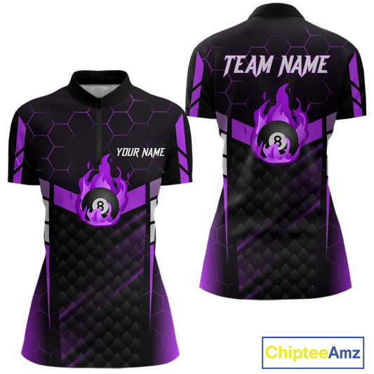 Personalized Purple 8 Ball Flame Billiard Shirt For Women Custom Billiard Team Jersey Polo & 1/4 Zip TDM5585