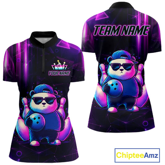 Colorful neon panda bowling quarter zip shirt for women designed for tournaments and league matches.