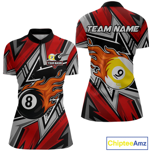 Personalized Women's Billiard Shirts, Flame 8&9 Ball Custom Red Zig-Zag Billiard Team Jerseys TDM4137