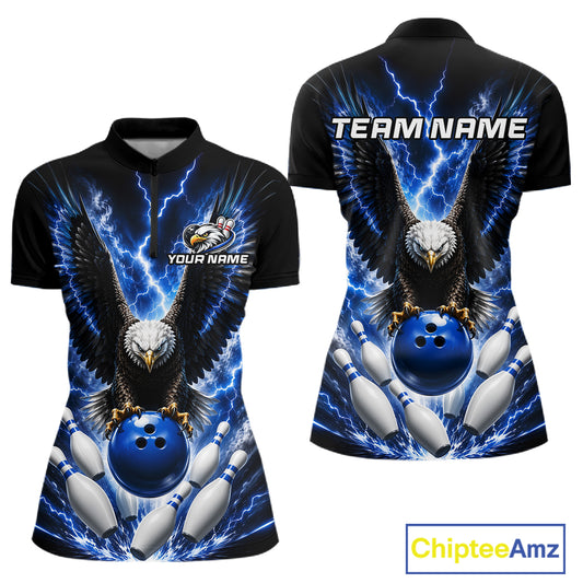 Blue thunder lightning eagle bowling quarter zip shirt for women designed for league tournaments and team events.