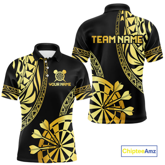 Black and gold tribal darts polo shirt for men with custom player name and team name.