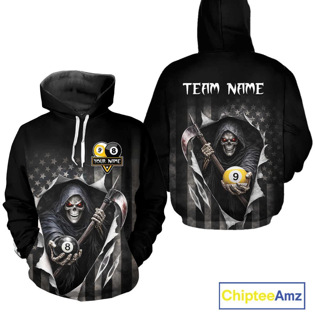 Grim Reaper 8 Ball & 9 Ball Pool US Flag Billiard Hoodie Custom Patriotic Billiard Hoodie Team Jersey TDM5639