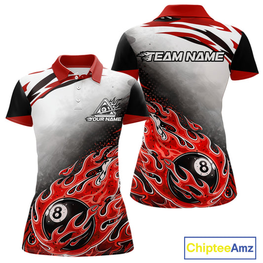 Red Flaming 8 Ball Billiard Jersey Custom Women's Billiard Polo & Quarter Zip, Pool Team Jersey TDM5726