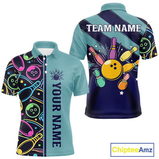 Personalized Funny Neon Bowing Shirt For Men, Retro Bowling Team Jersey Polo & 1/4 Zip | Teal TDM6187