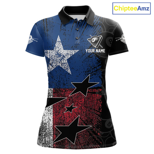Women's billiard polo featuring distressed Texas flag and realistic 8 ball graphics, personalized performance pool apparel for Texas billiard teams, rodeo lifestyle, outdoor enthusiasts and APA leagues, symbolizing independence, courage and heritage.