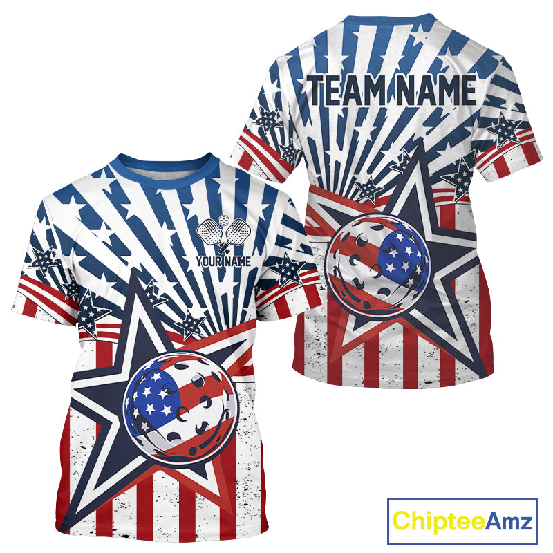 Custom USA Flag Patriotic Pickleball Ball T-Shirt For Men Grunge Pickleball Jerseys NYN1602