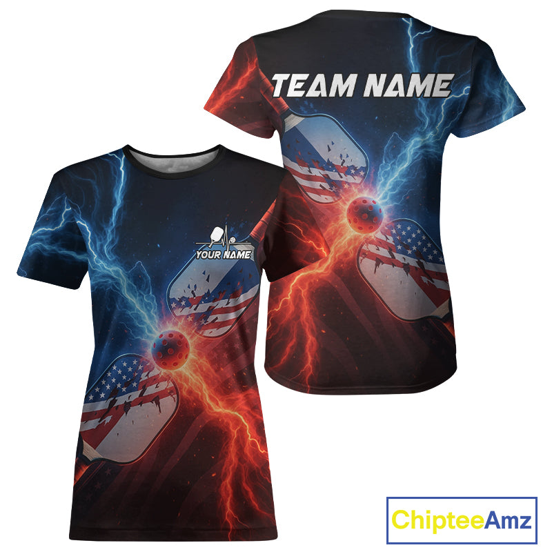 Custom Lightning US Flag Paddles Women's Pickleball T-Shirt Patriotic Pickleball Jerseys NYN1893