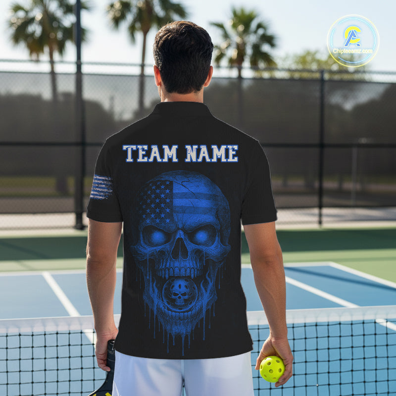 Custom Blue Grunge Skull Pickleball Ball League Jerseys For Men US Flag Pickleball Shirts NYN2152