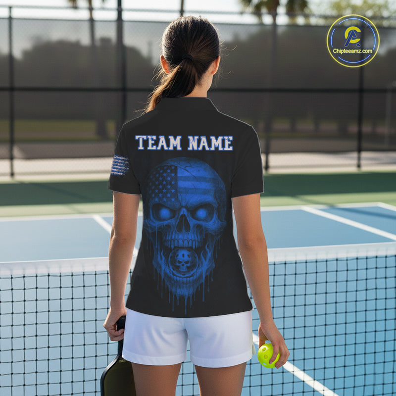 Custom Blue Grunge Skull Pickleball Ball League Jerseys For Women US Flag Pickleball Shirts NYN2152