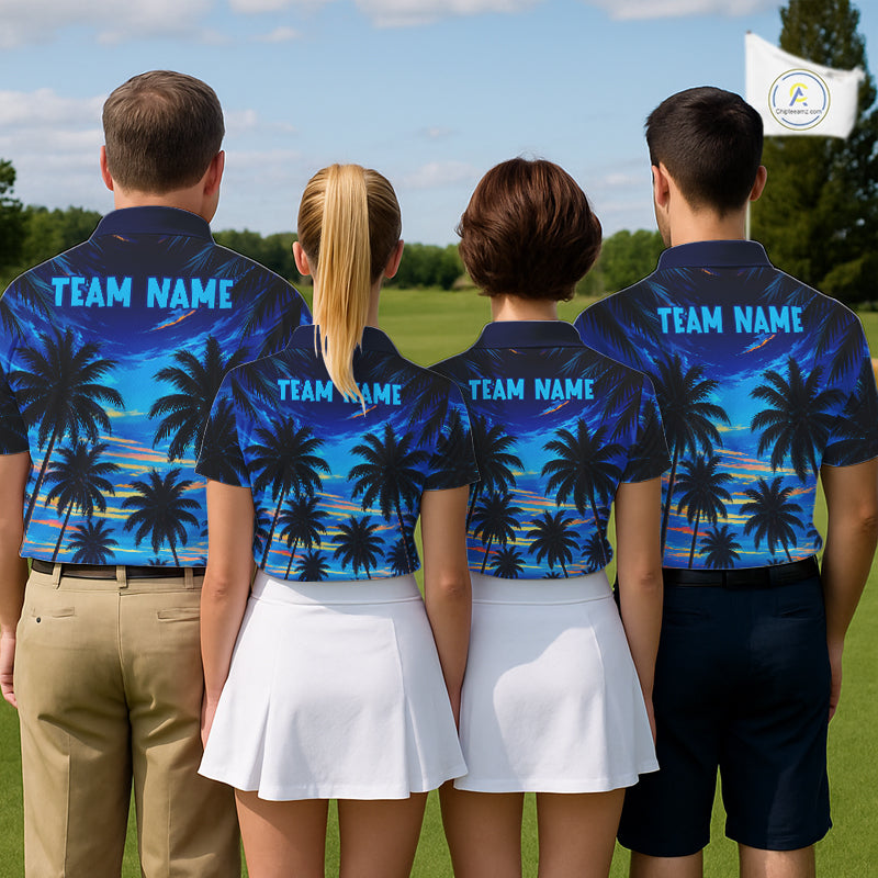 Men's golf team wearing tropical sunset palm tree golf polo shirts