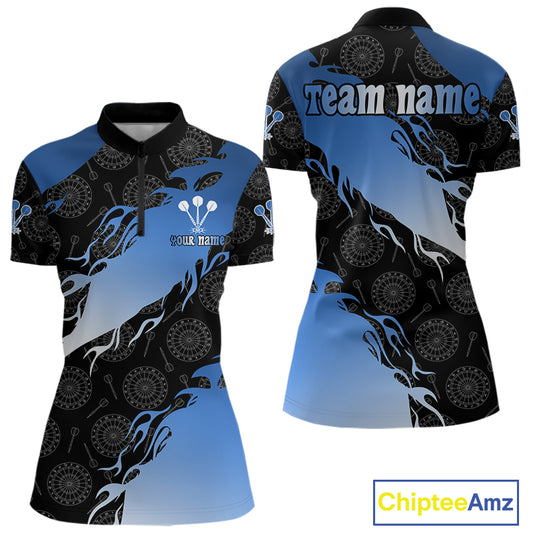 Custom Women's Darts Shirt With Cobalt Flames & Black Dartboard Pattern, Darts Jersey NYN0291