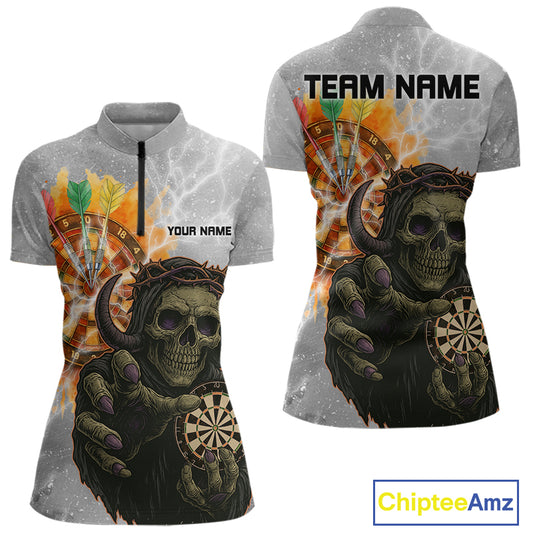 Women's Custom Darts Shirt With Death Reaper Fiery Dartboard & Lightning Effect NYN0295