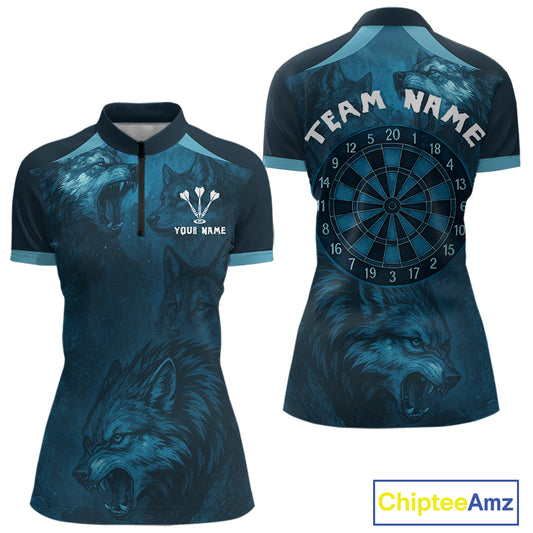 Women’s Team Darts Shirt With Dark Navy Wolves And Grunge Dartboard Pattern NYN0306