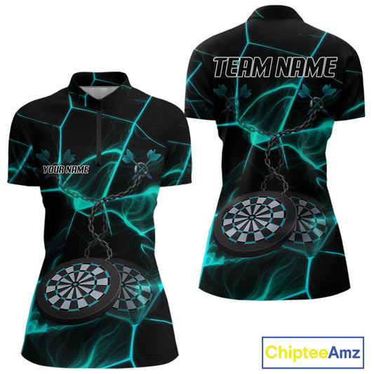 Flame Dartboard & Chains Darts Shirt For Women - Custom Name & Team Jersey | Opt2 - Turquoise NYN0626