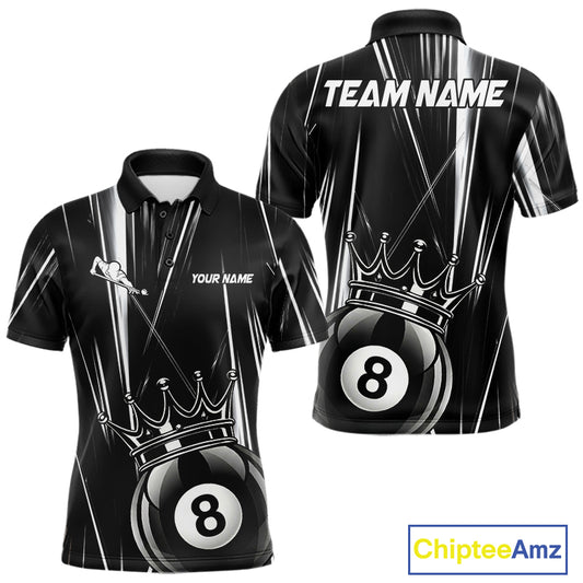 Black And White Crown 8 Ball Billiard Polo Shirt For Men, Lightning Pool Team Jersey, Custom Billiards Apparel