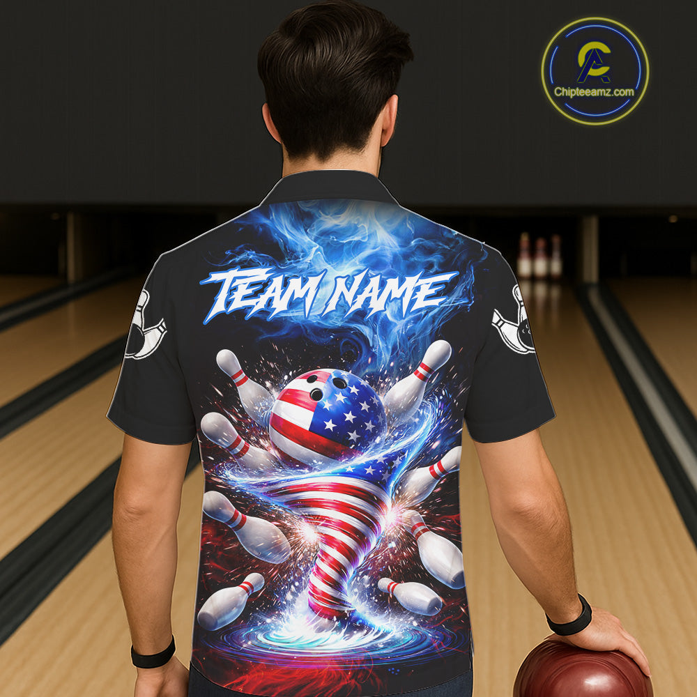 Male and female models wearing Fire Flame American Flag Tornado bowling Hawaiian shirts, patriotic USA bowling button-up shirts for league tournaments, tropical resort apparel, Independence Day bowling outfit symbolizing freedom, unity, courage and championship spirit